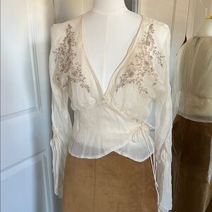 BEBE Cream Silk Embroidered Floral Boho Wrap Blouse